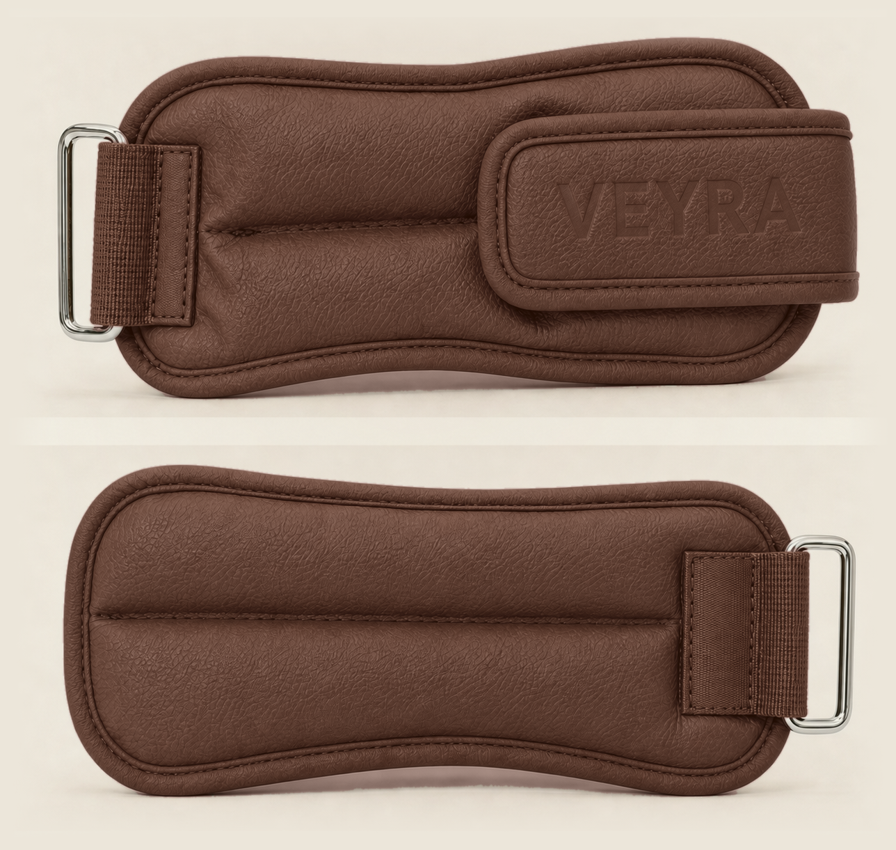Pantone 7596 C mocha VEYRA wrist and ankle weights with tonal debossed branding and silver hardware